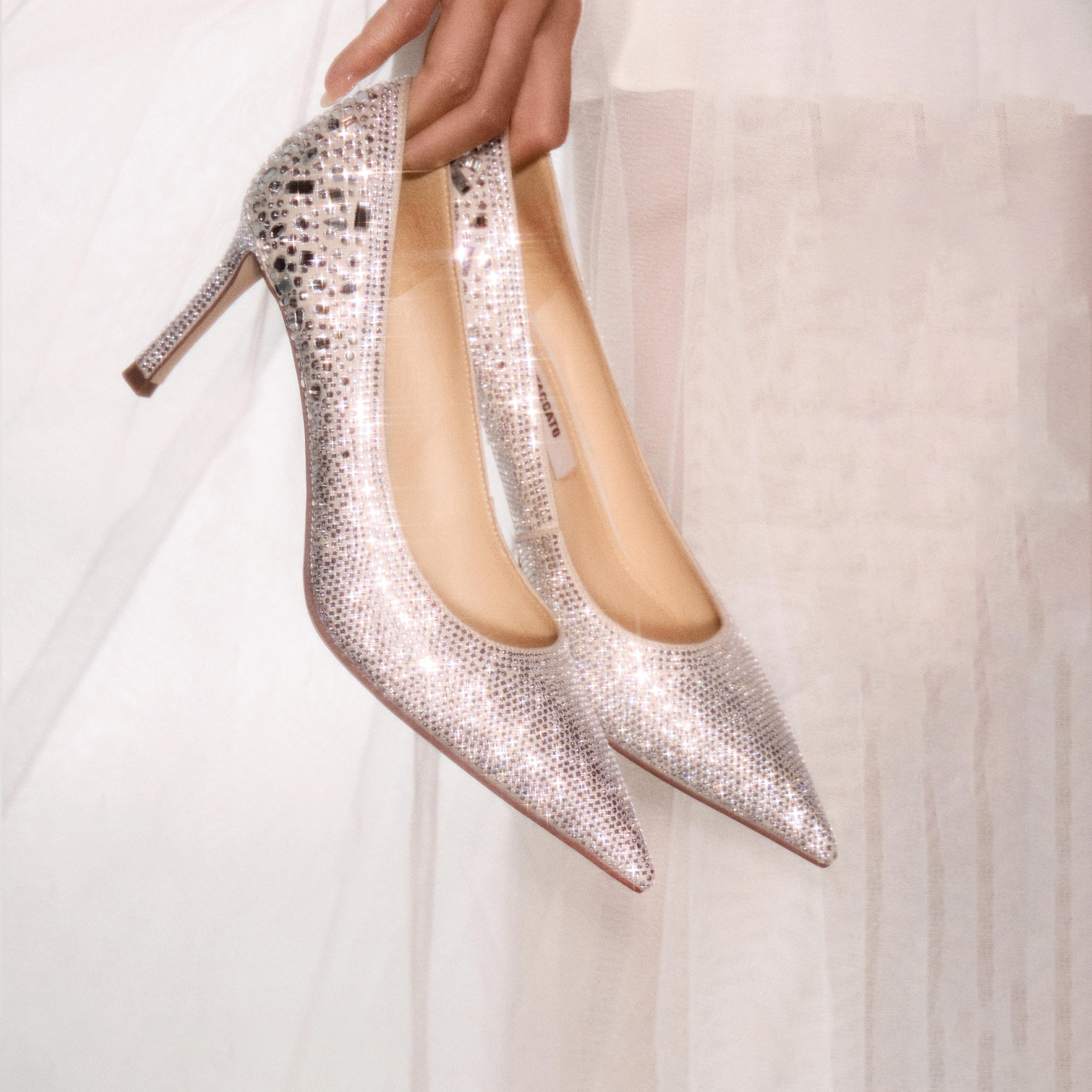 White Crystal Embellished Pointed Heeled Pumps