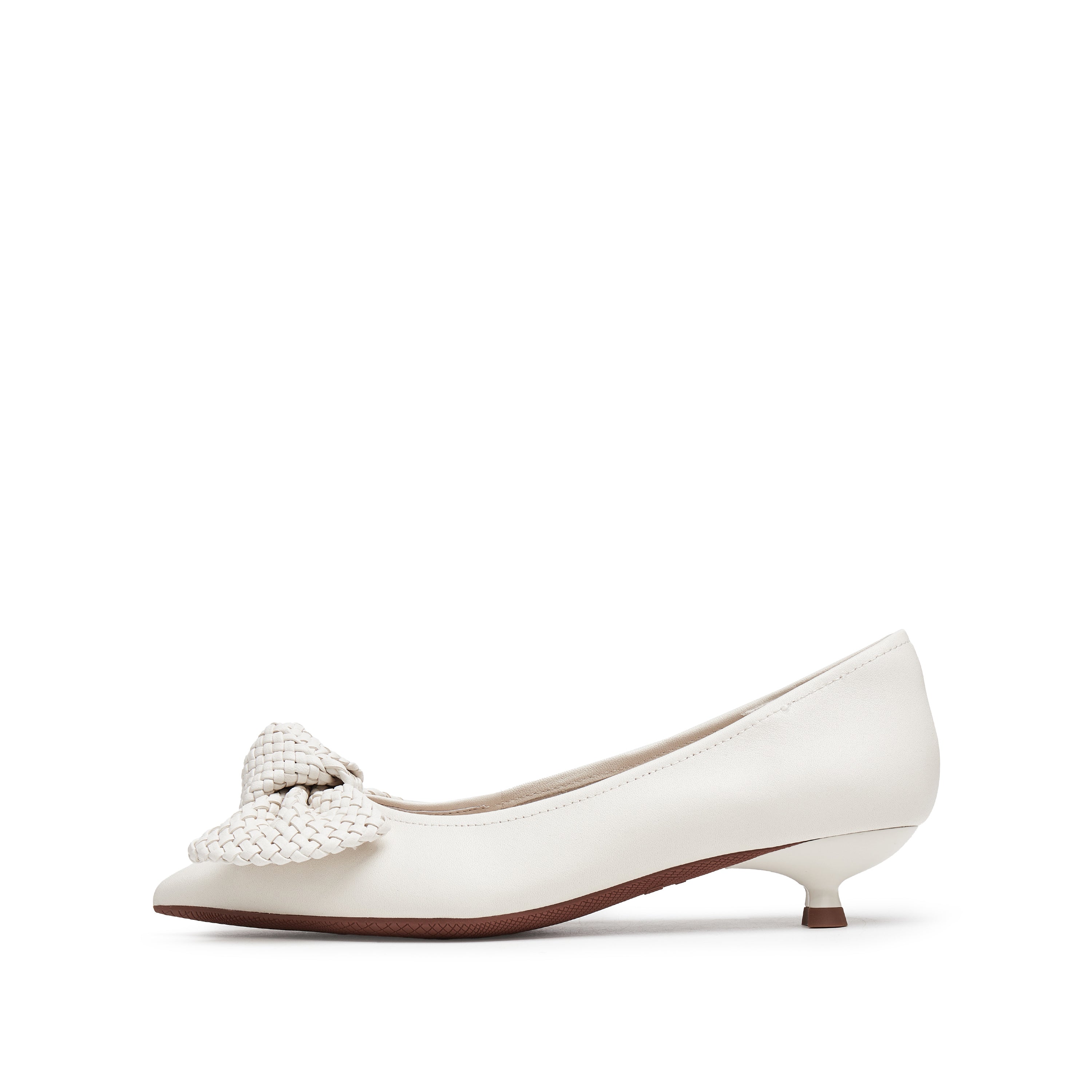 Beige Woven-Bow Leather Pumps