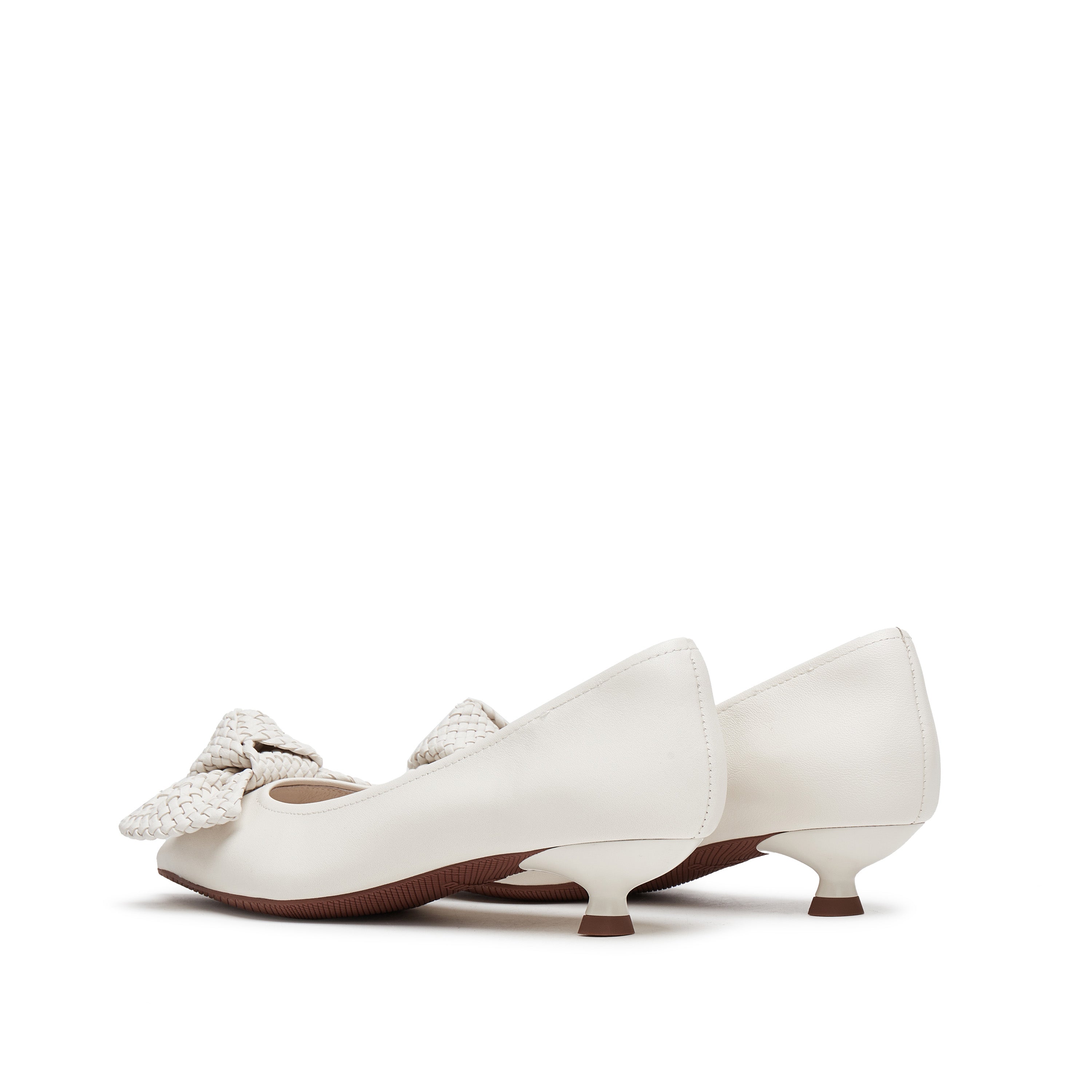 Beige Woven-Bow Leather Pumps
