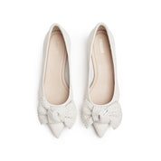 Beige Woven-Bow Leather Pumps