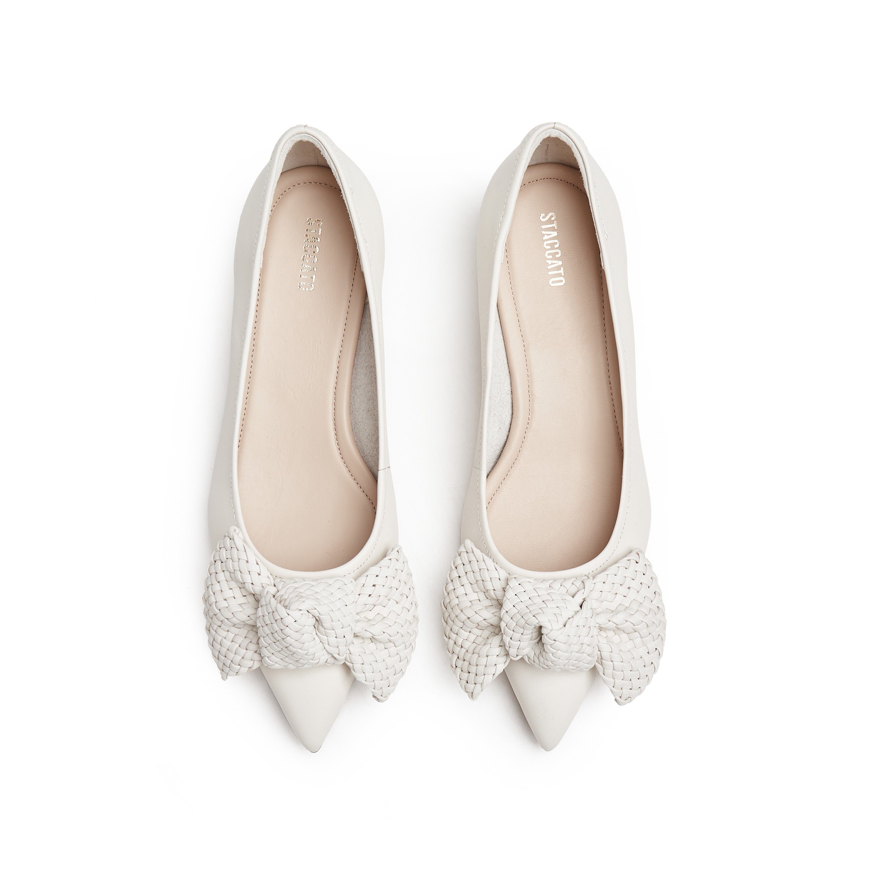 Beige Woven-Bow Leather Pumps