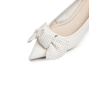 Beige Woven-Bow Leather Pumps