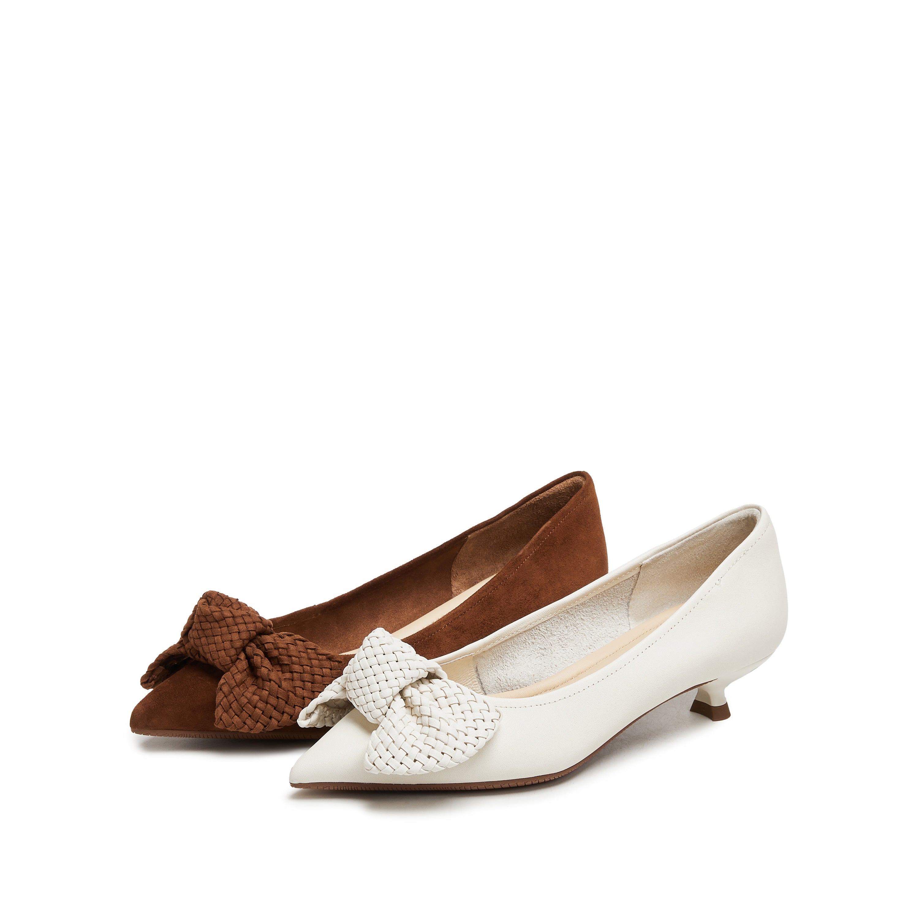 Beige Woven-Bow Leather Pumps