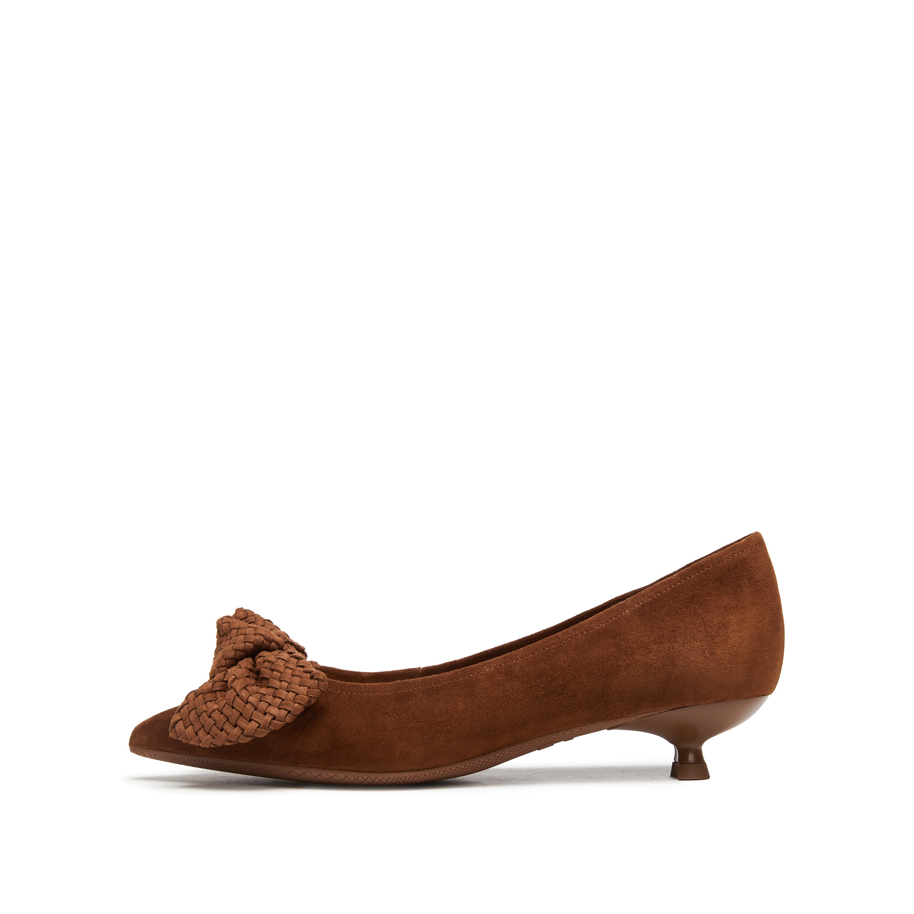Brown Woven-Bow Suede Pumps