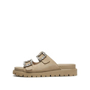 Sand Crystal Buckle Double Strap Suede Sandals