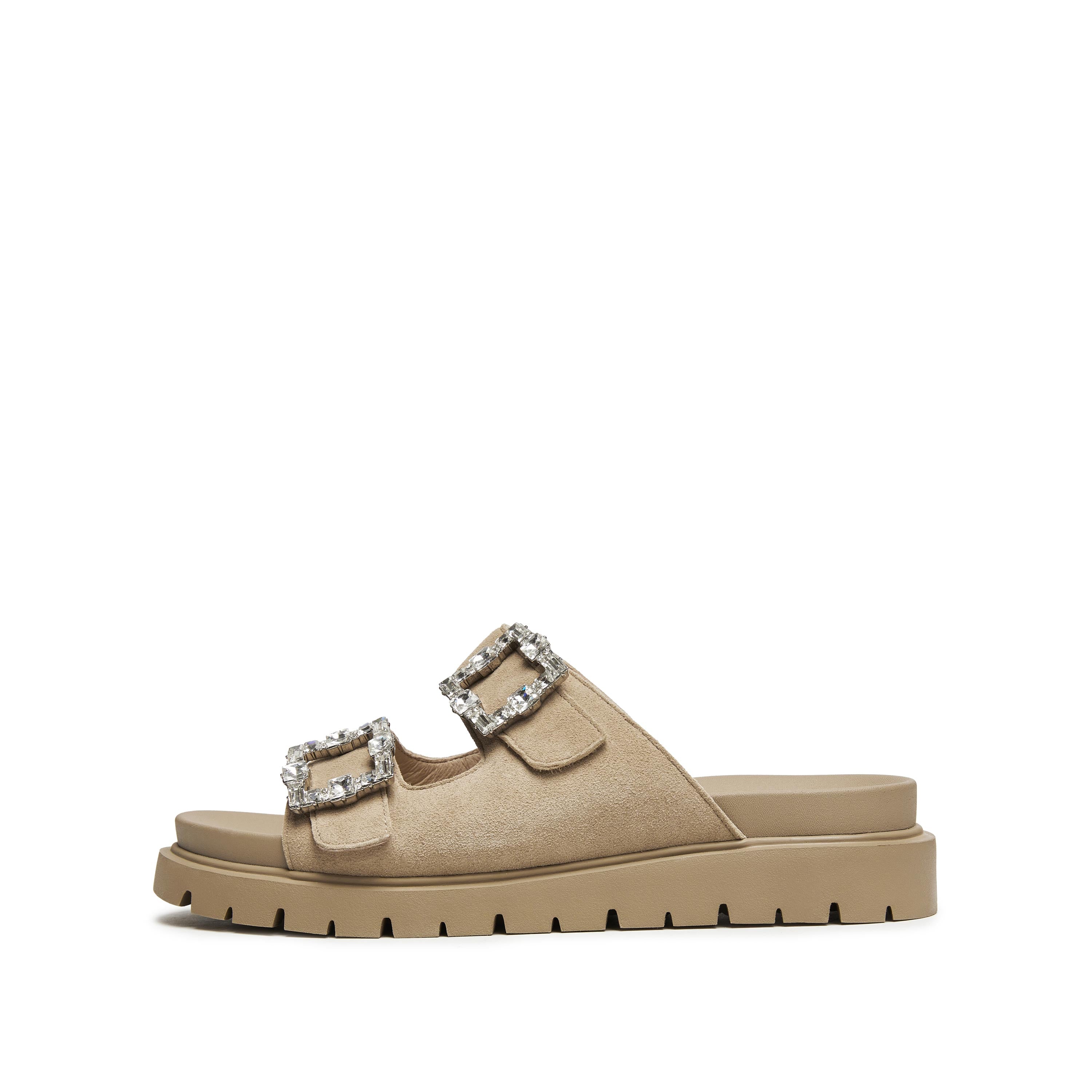 Sand Crystal Buckle Double Strap Suede Sandals