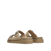 Sand Crystal Buckle Double Strap Suede Sandals