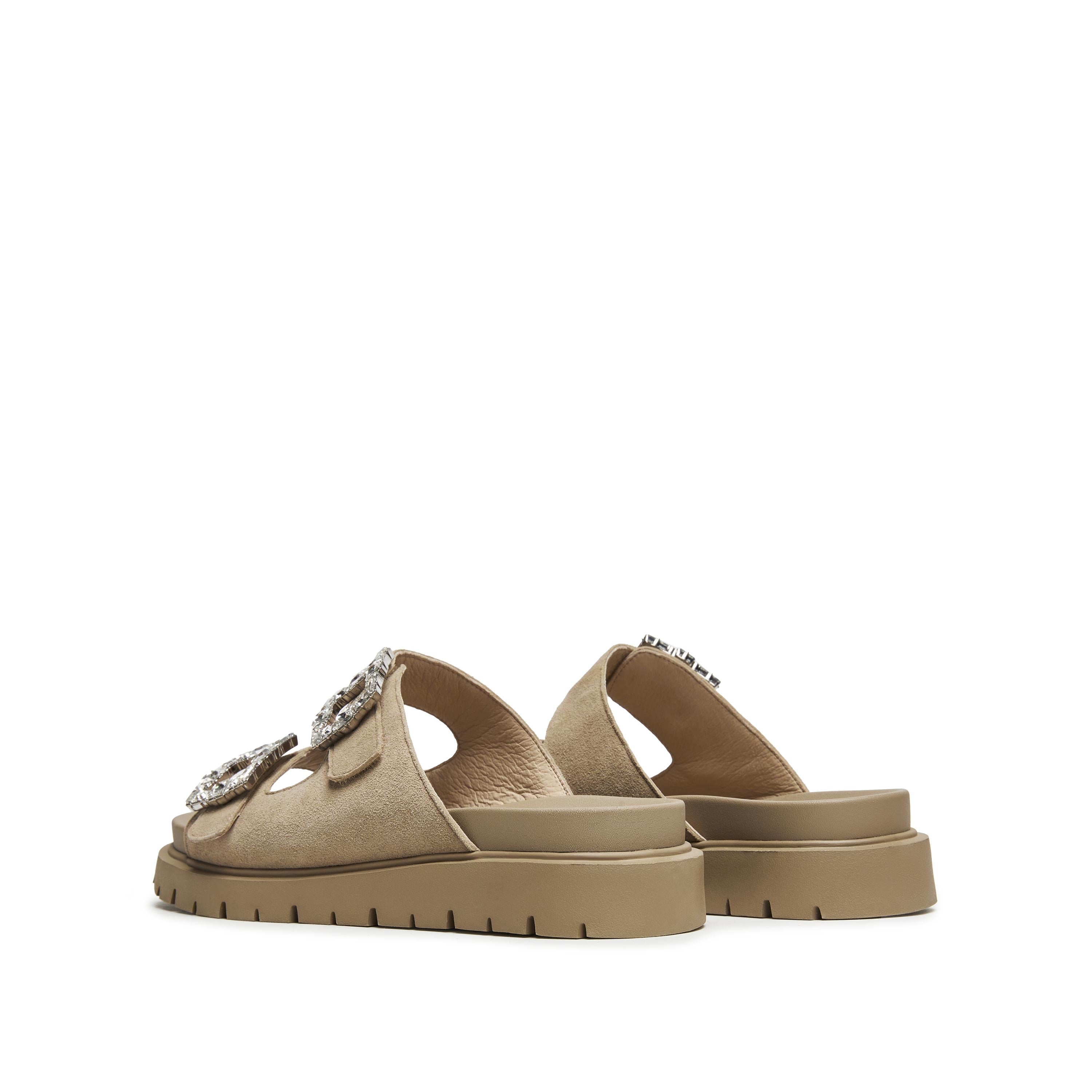 Sand Crystal Buckle Double Strap Suede Sandals