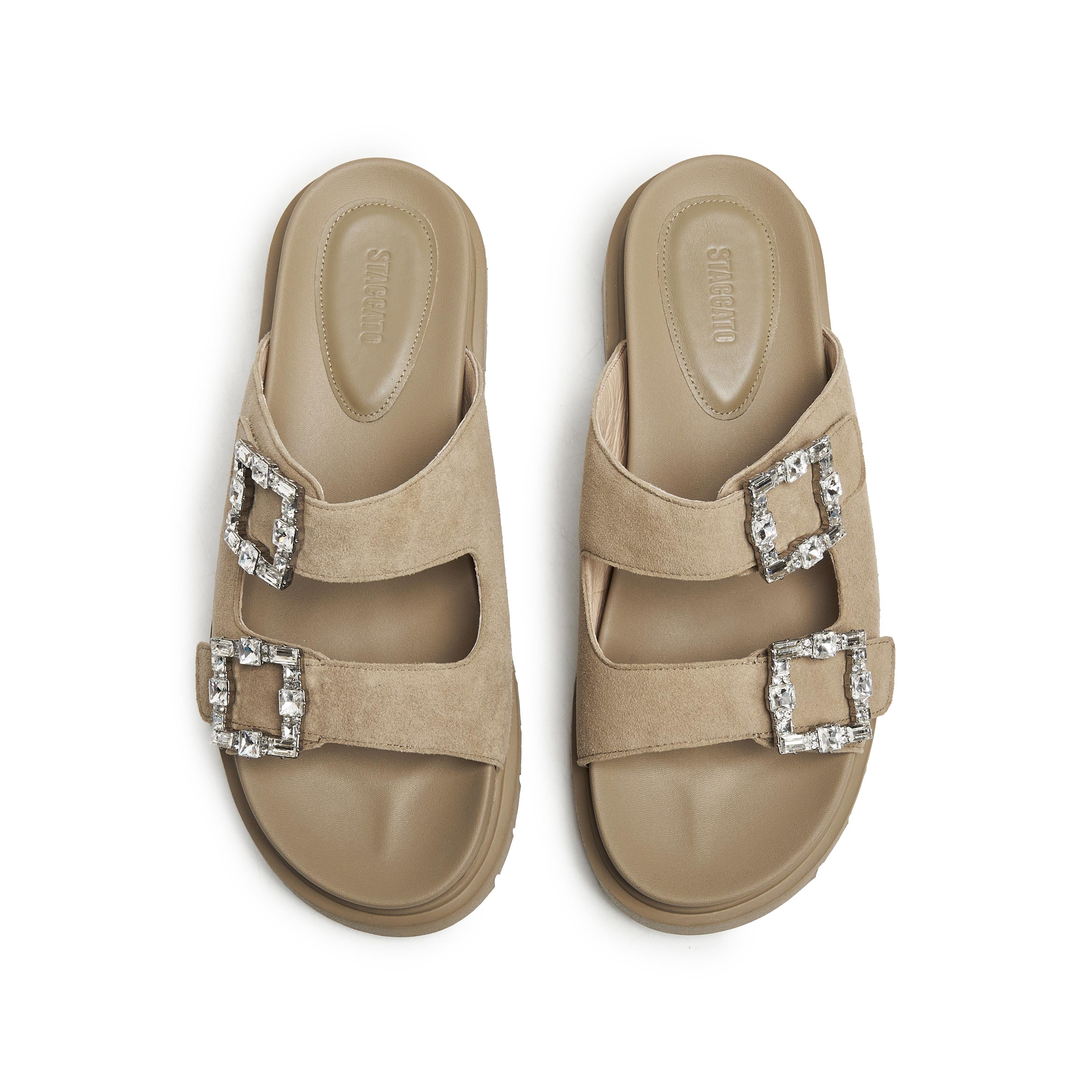 Sand Crystal Buckle Double Strap Suede Sandals