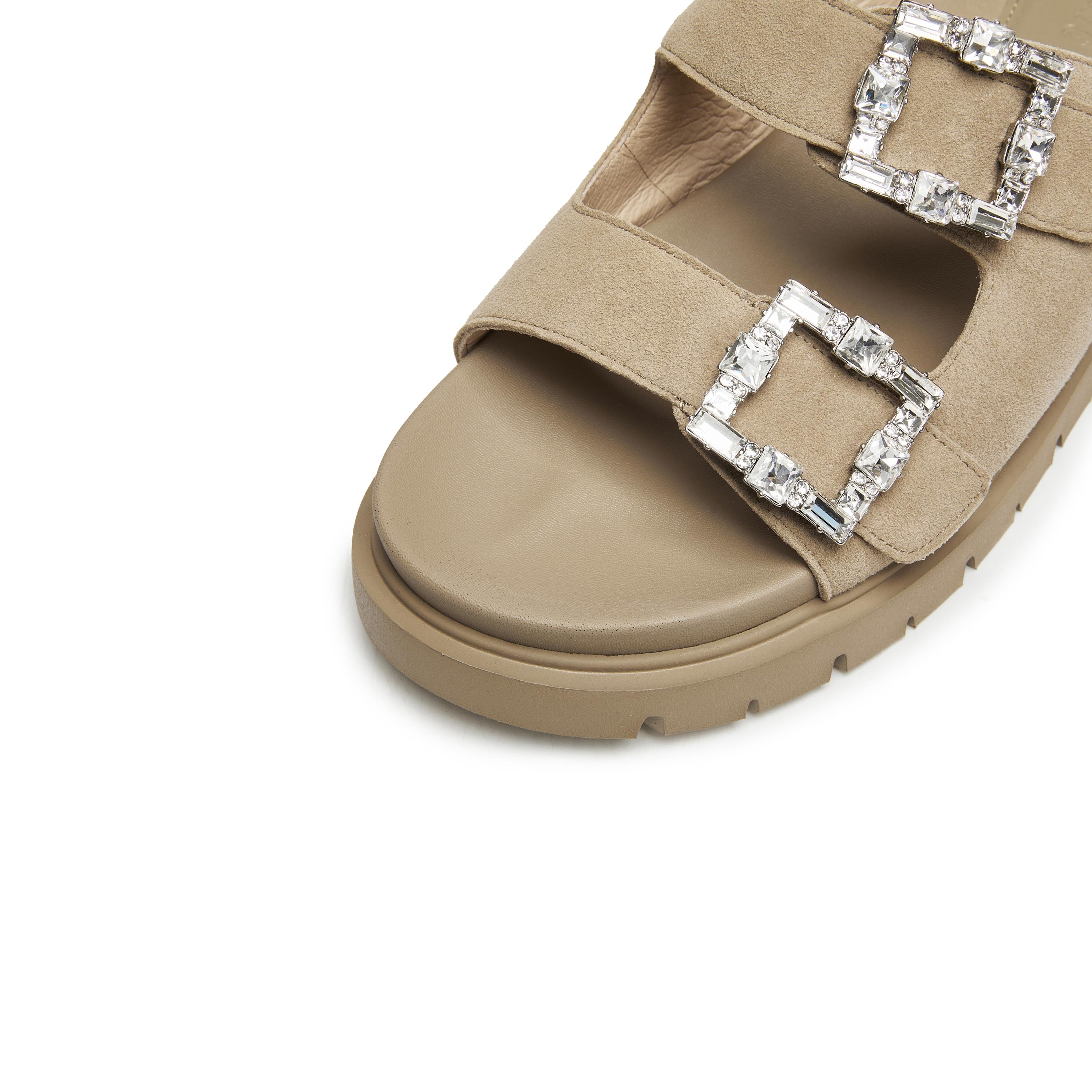 Sand Crystal Buckle Double Strap Suede Sandals
