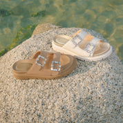 Sand Crystal Buckle Double Strap Suede Sandals