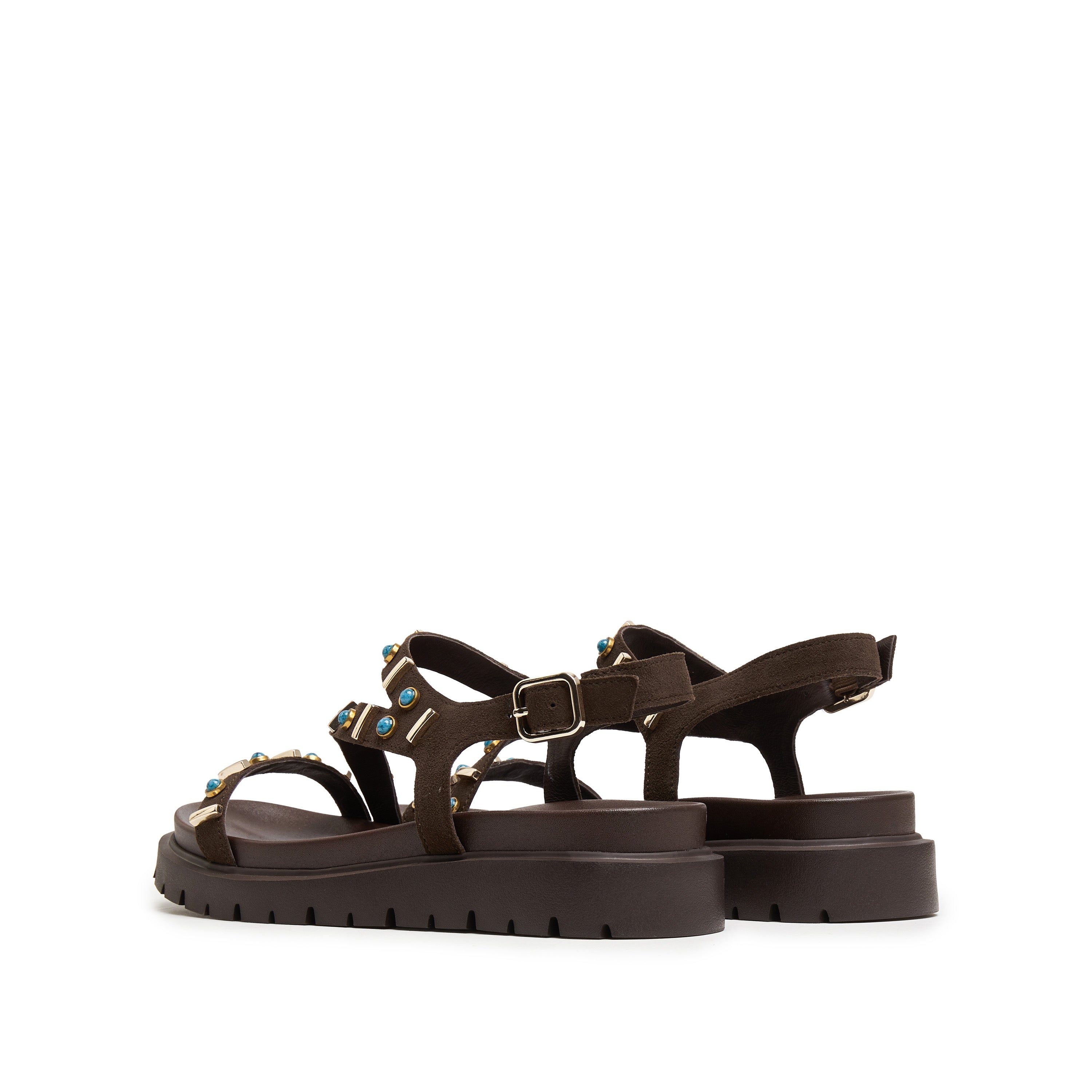 Brown Suede Stud-Embellished Strappy Sandals