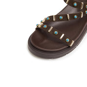 Brown Suede Stud-Embellished Strappy Sandals
