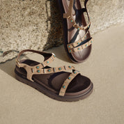 Sand Suede Stud-Embellished Strappy Sandals
