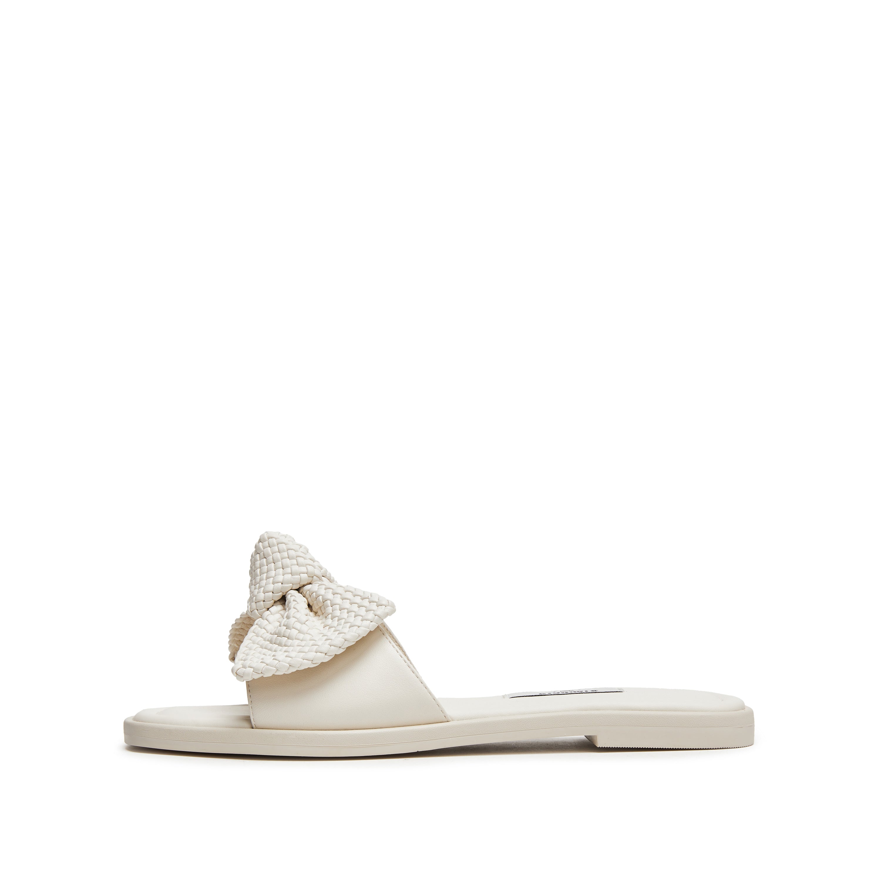 Beige Woven-Bow Leather Slides