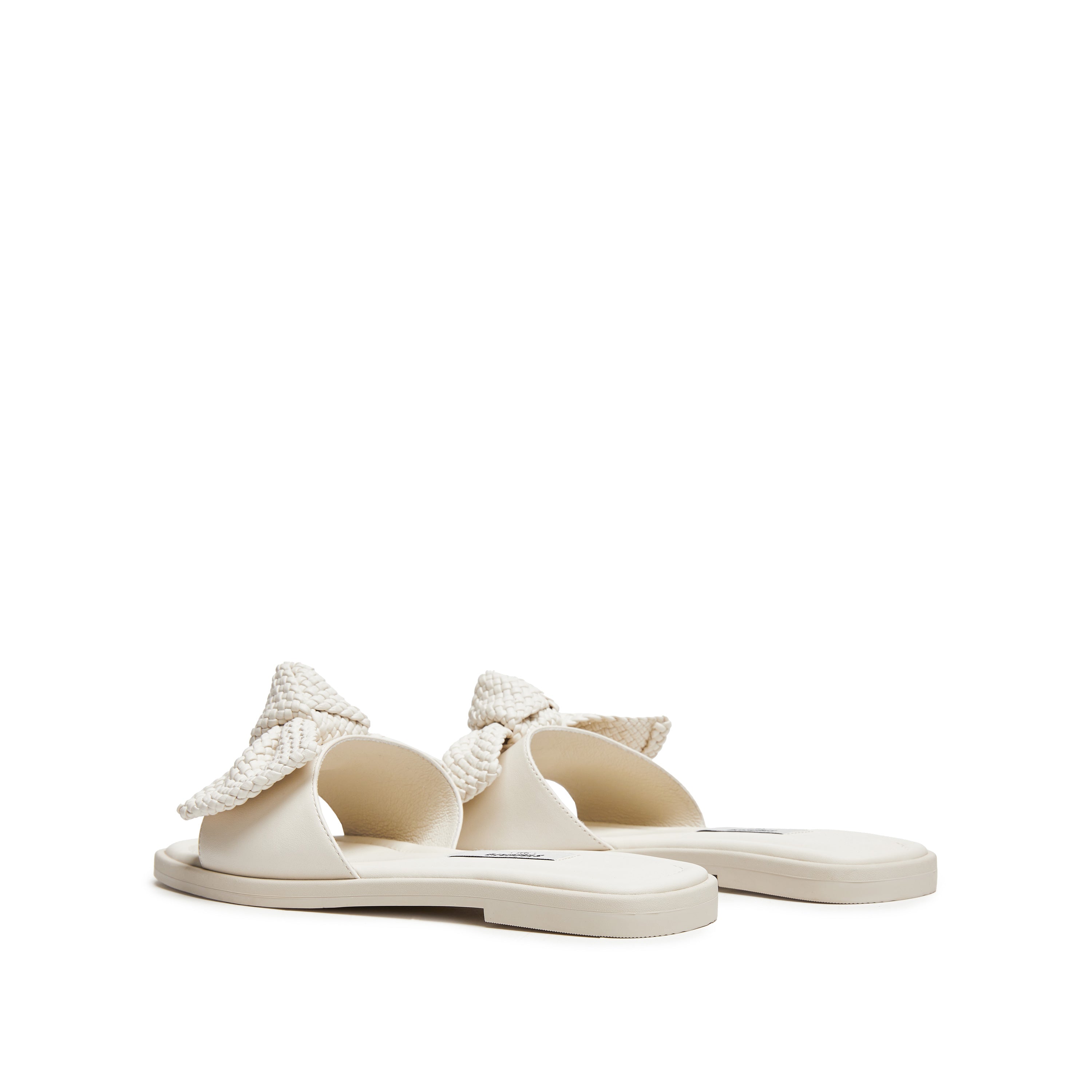 Beige Woven-Bow Leather Slides
