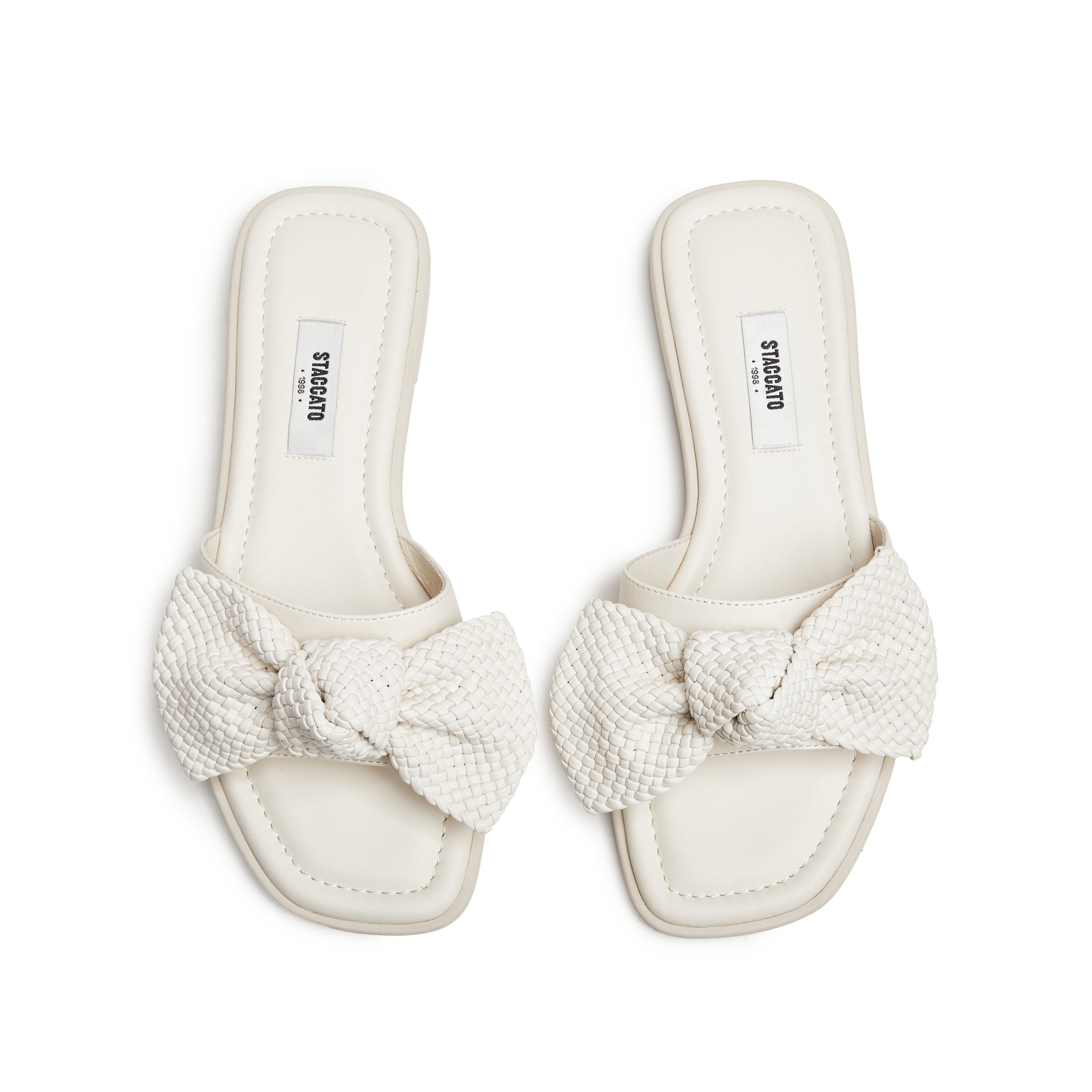 Beige Woven-Bow Leather Slides