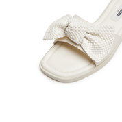Beige Woven-Bow Leather Slides