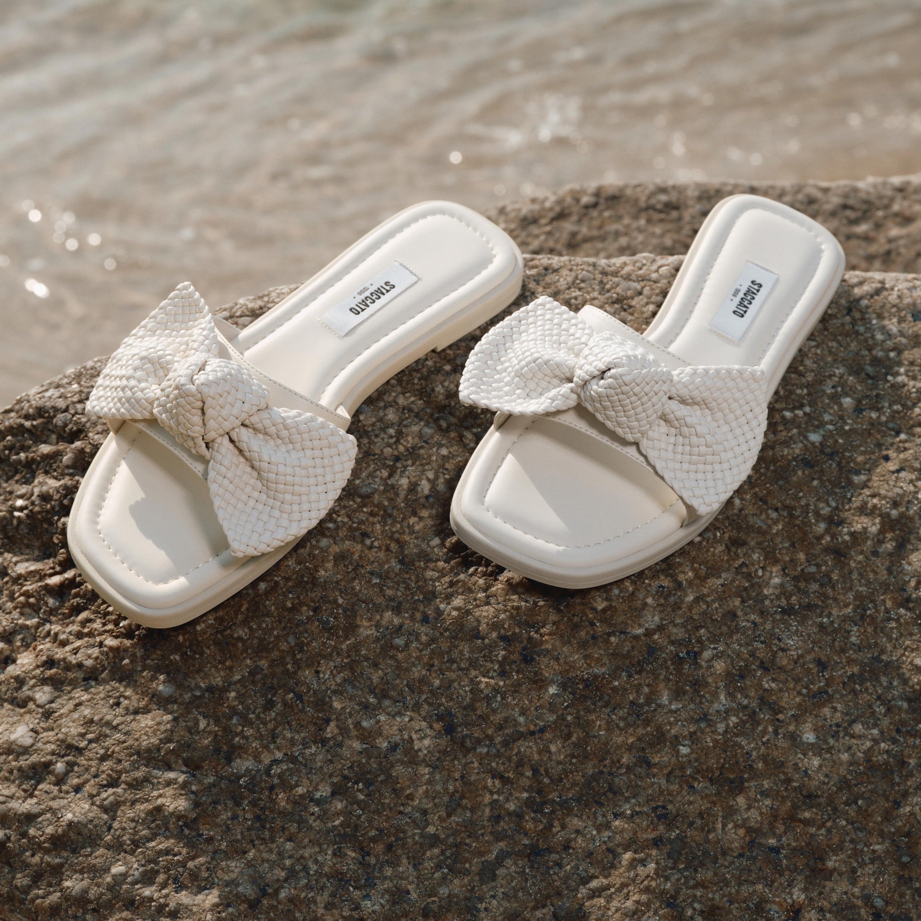 Beige Woven-Bow Leather Slides