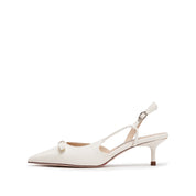 Beige Embossed Bow Slingback Pumps