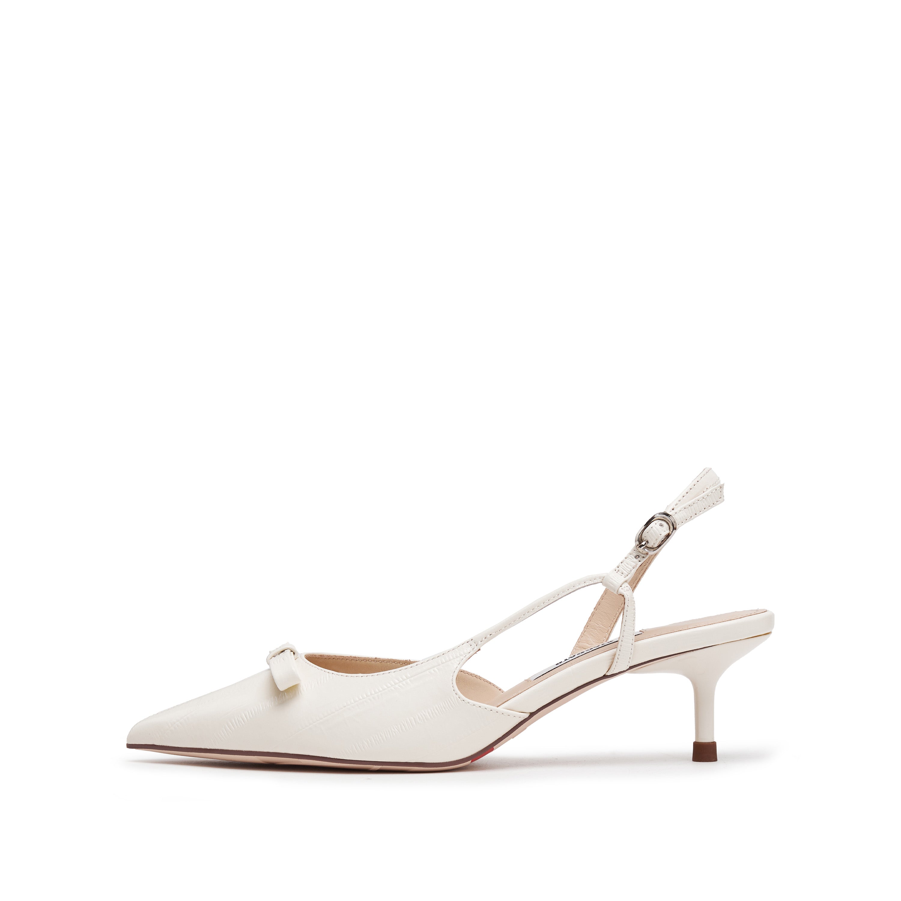 Beige Embossed Bow Slingback Pumps