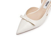 Beige Embossed Bow Slingback Pumps