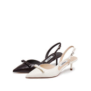 Beige Embossed Bow Slingback Pumps