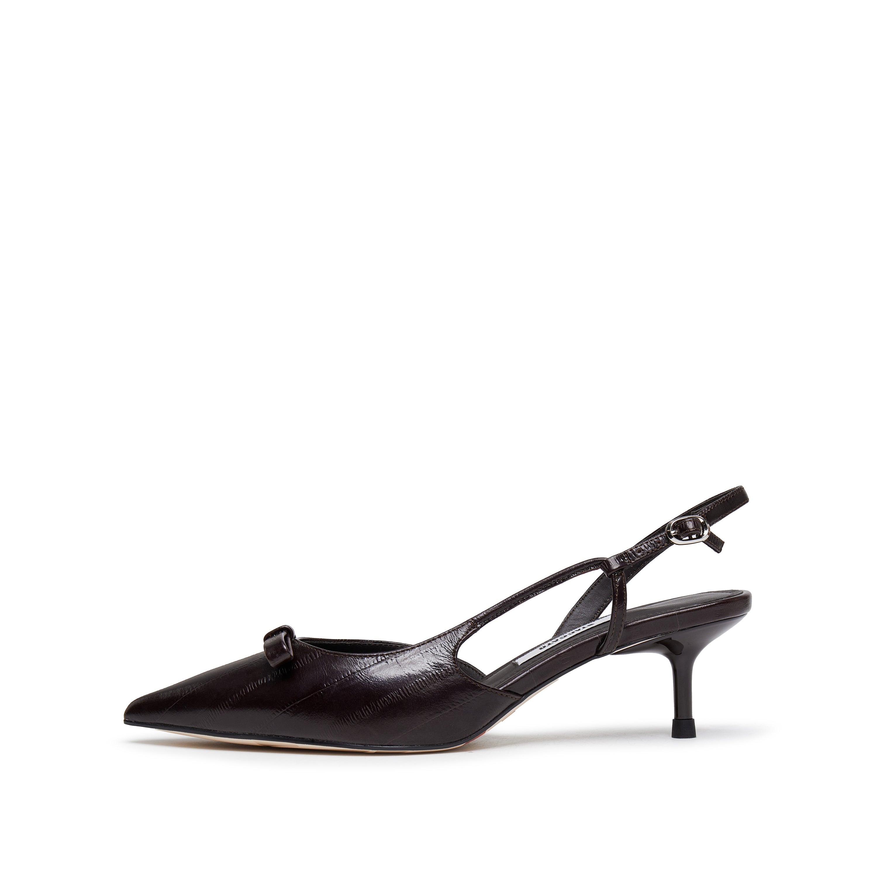 Brown Embossed Bow Slingback Pumps