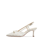 Beige Bow Tie Lace Slingback Pumps