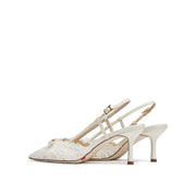 Beige Bow Tie Lace Slingback Pumps