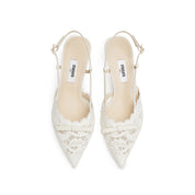 Beige Bow Tie Lace Slingback Pumps