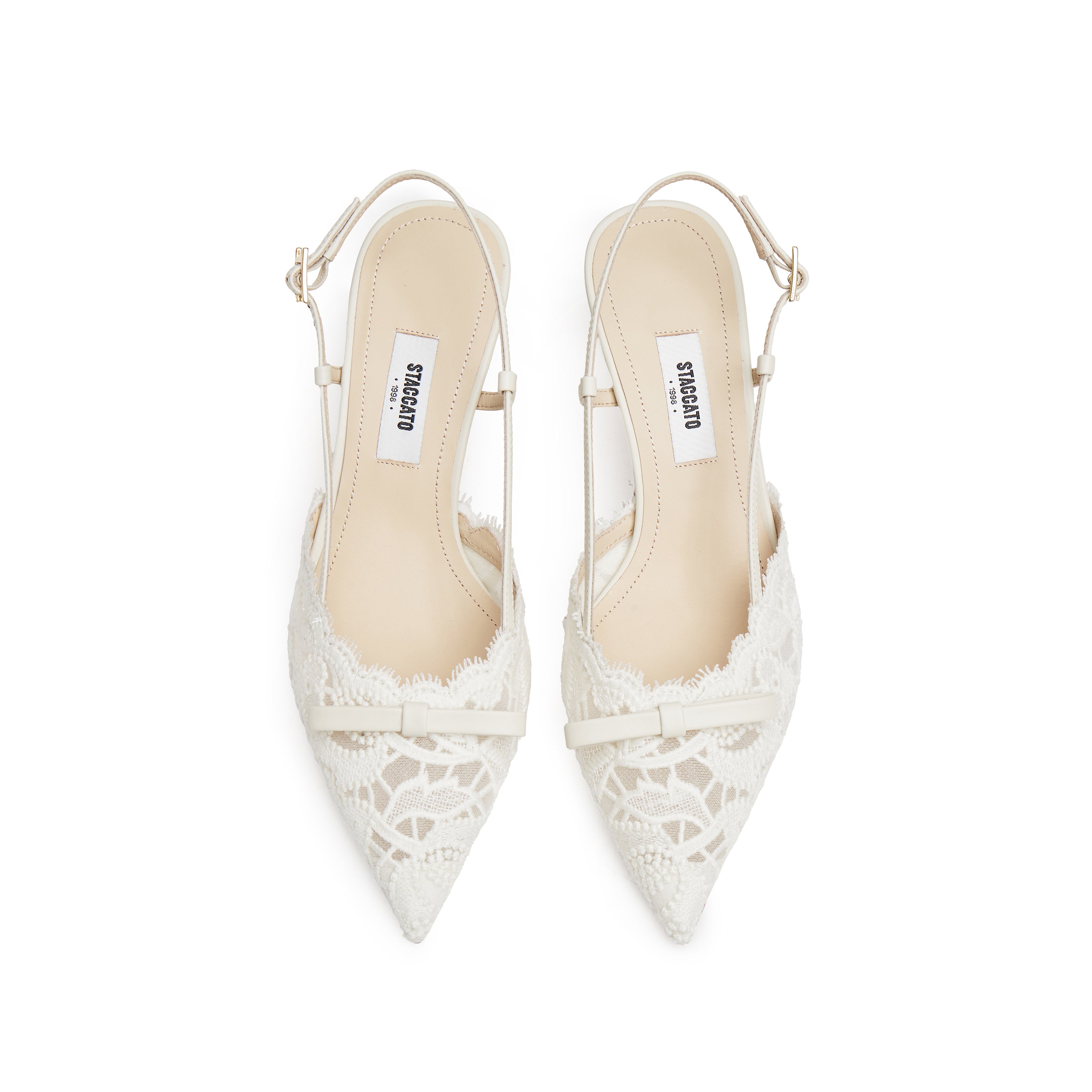 Beige Bow Tie Lace Slingback Pumps