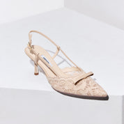 Beige Bow Tie Lace Slingback Pumps