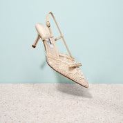 Beige Bow Tie Lace Slingback Pumps