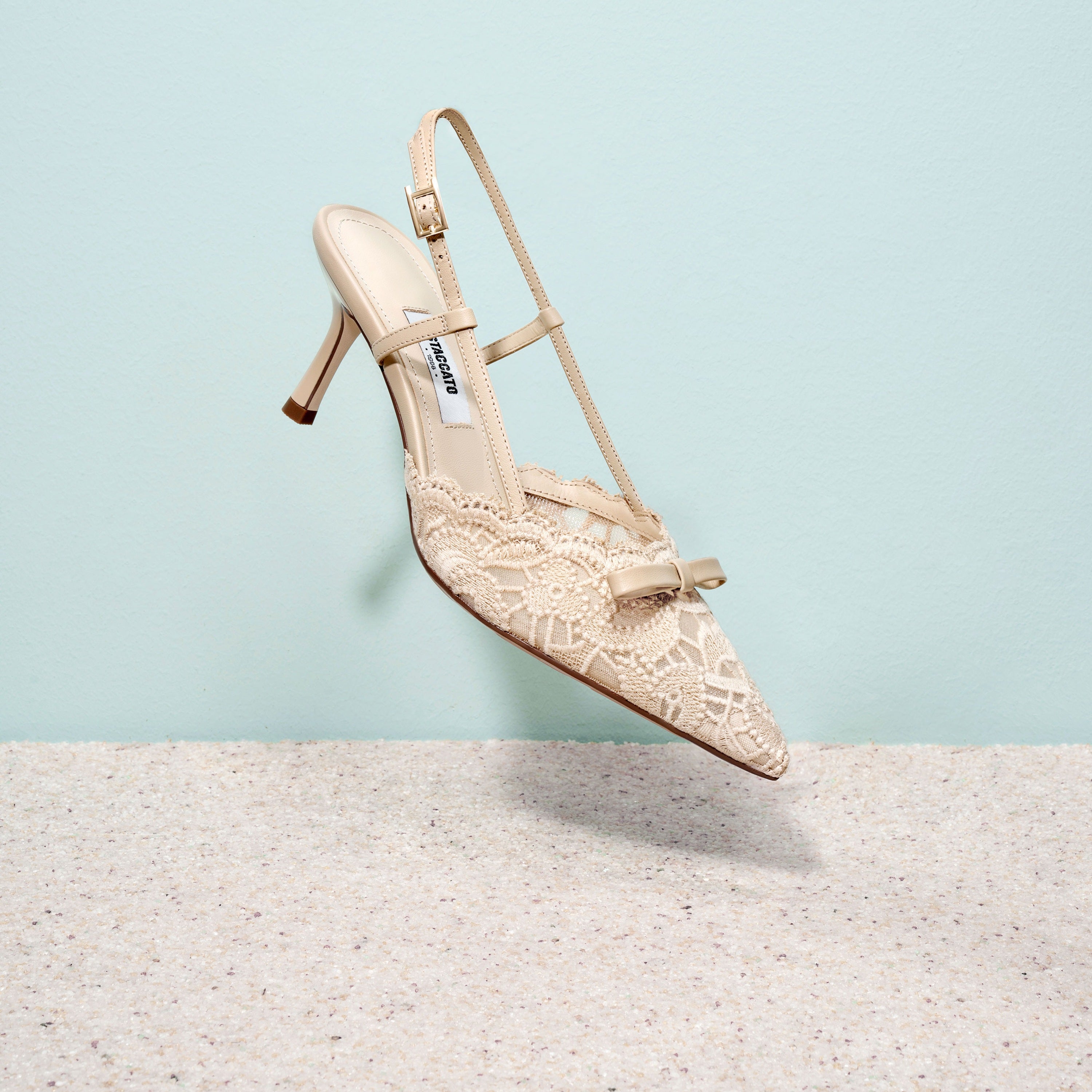 Beige Bow Tie Lace Slingback Pumps