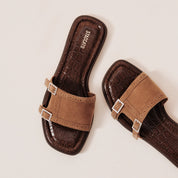 Brown Crystal Buckle Suede Slides