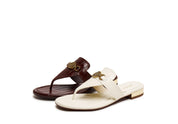 Beige ST Buckle Thong Leather Slides