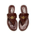 Load image into Gallery viewer, Brown ST Buckle Thong Leather Slides
