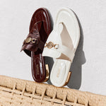 Load image into Gallery viewer, Brown ST Buckle Thong Leather Slides
