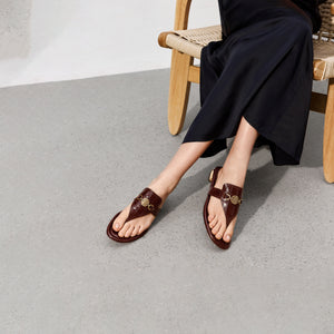 Brown ST Buckle Thong Leather Slides