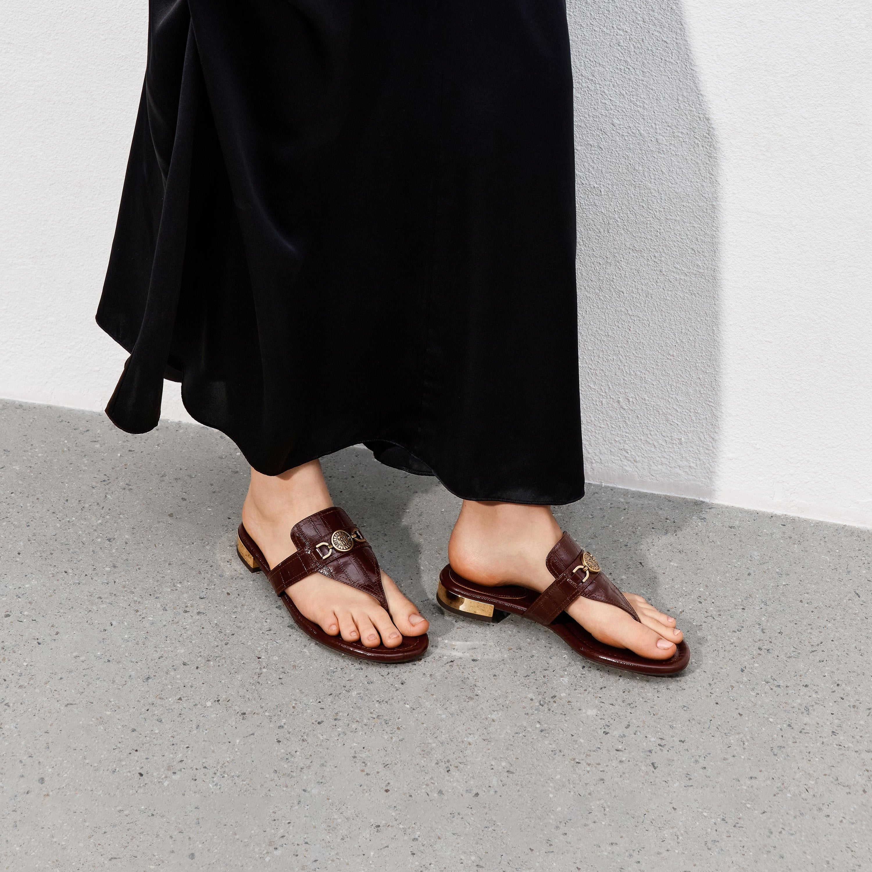 Brown ST Buckle Thong Leather Slides