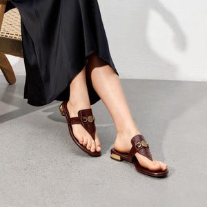 Brown ST Buckle Thong Leather Slides