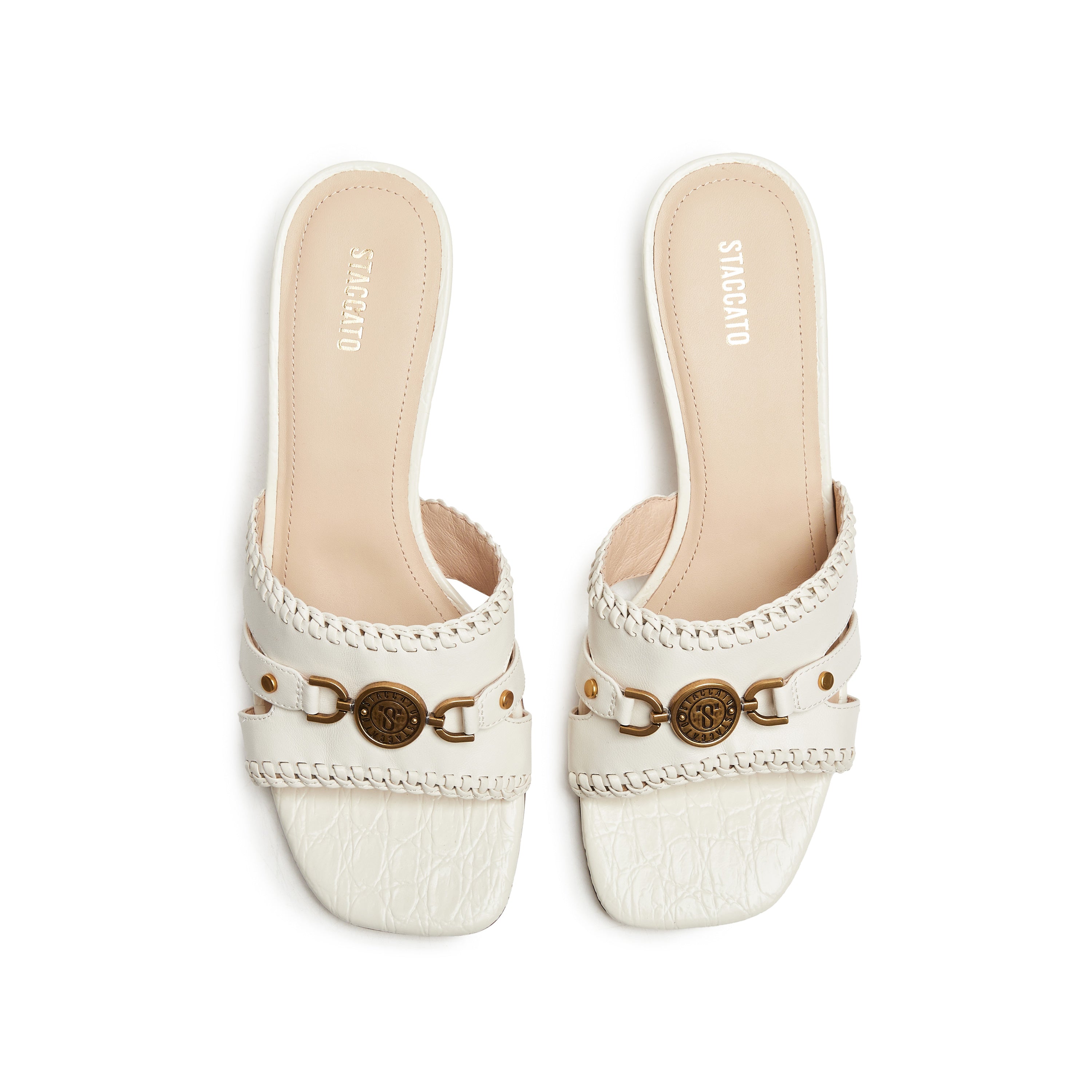 Beige ST Coin-Embellished Heeled Sandals