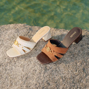 Beige ST Coin-Embellished Heeled Sandals