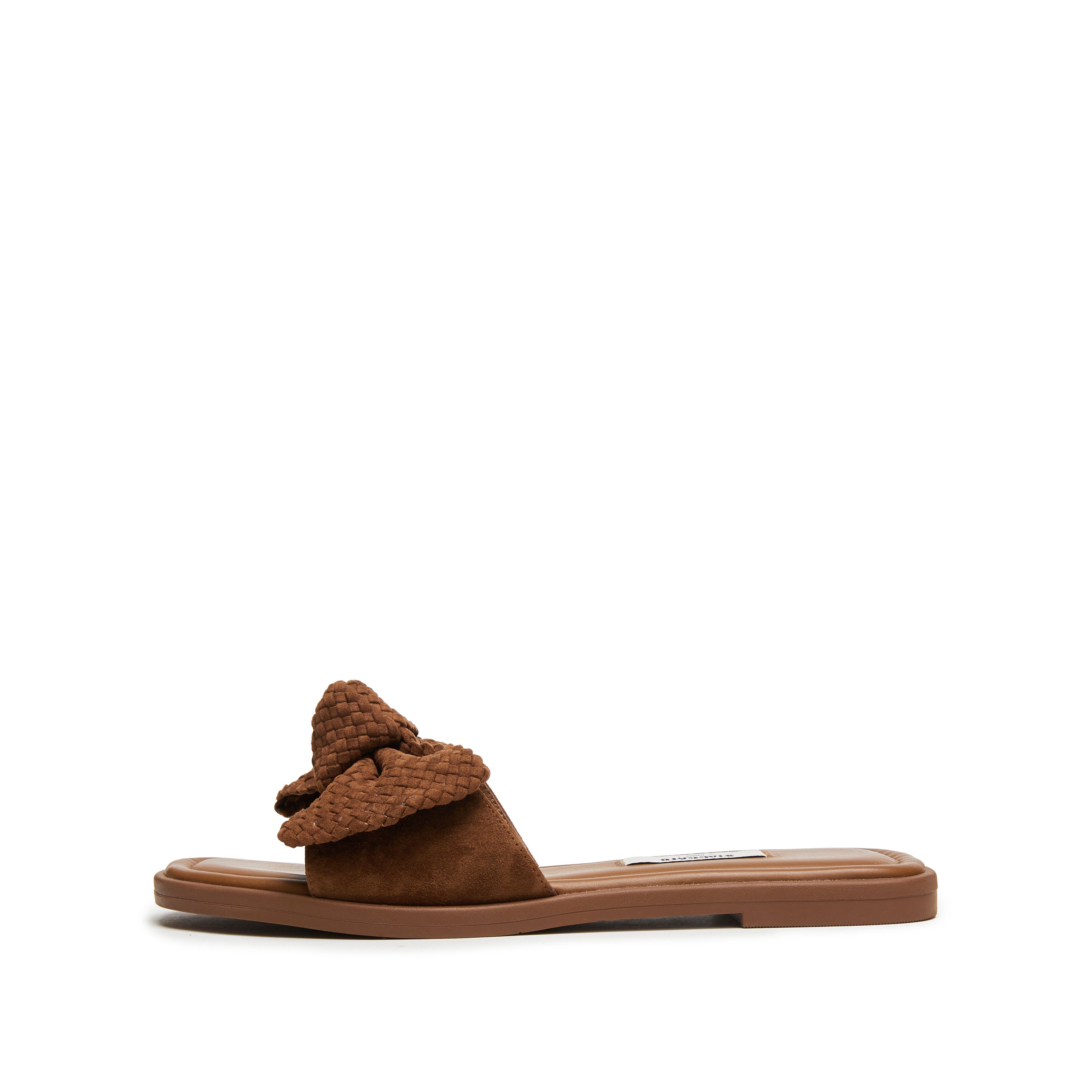 Brown Woven-Bow Suede Slides