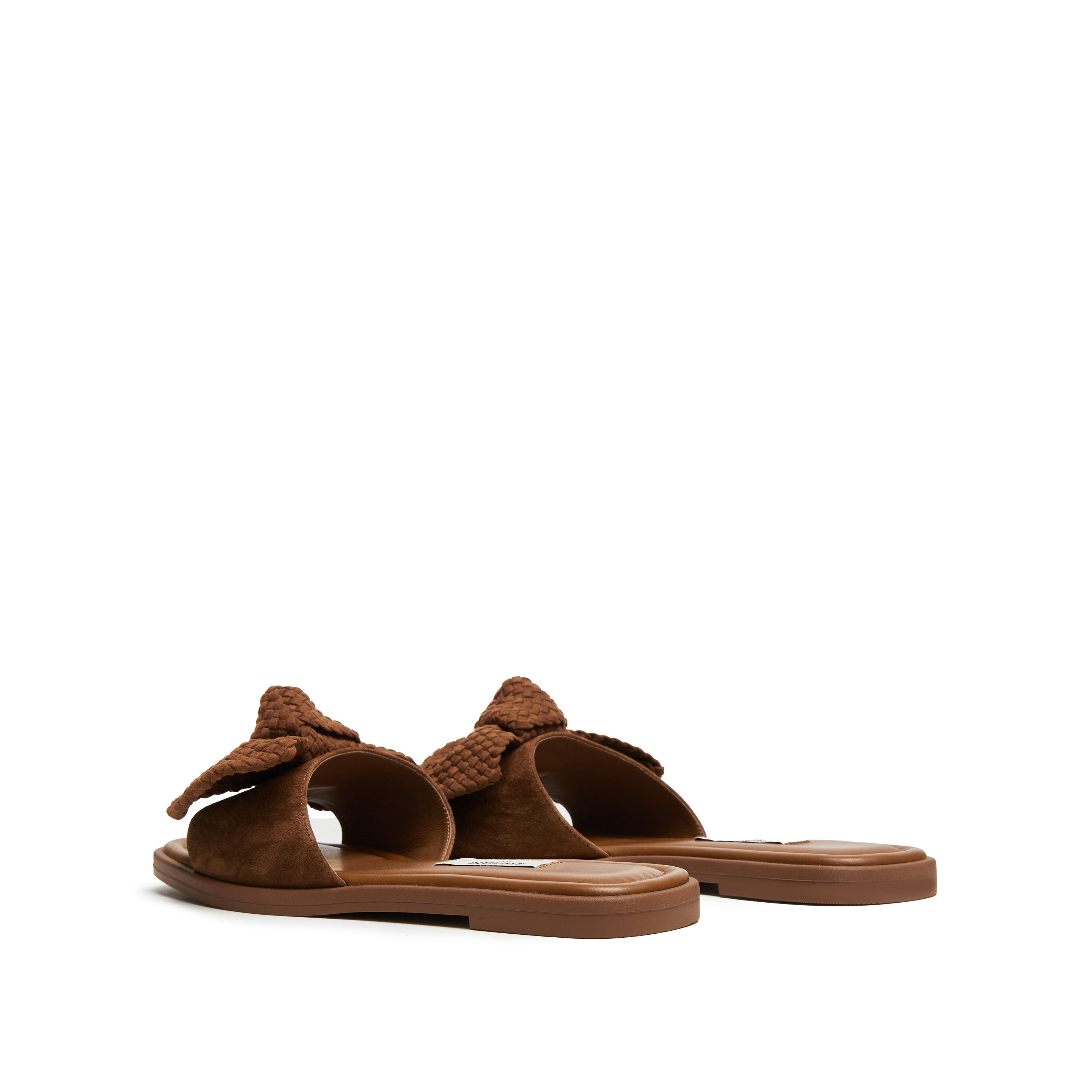 Brown Woven-Bow Suede Slides