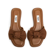 Brown Woven-Bow Suede Slides