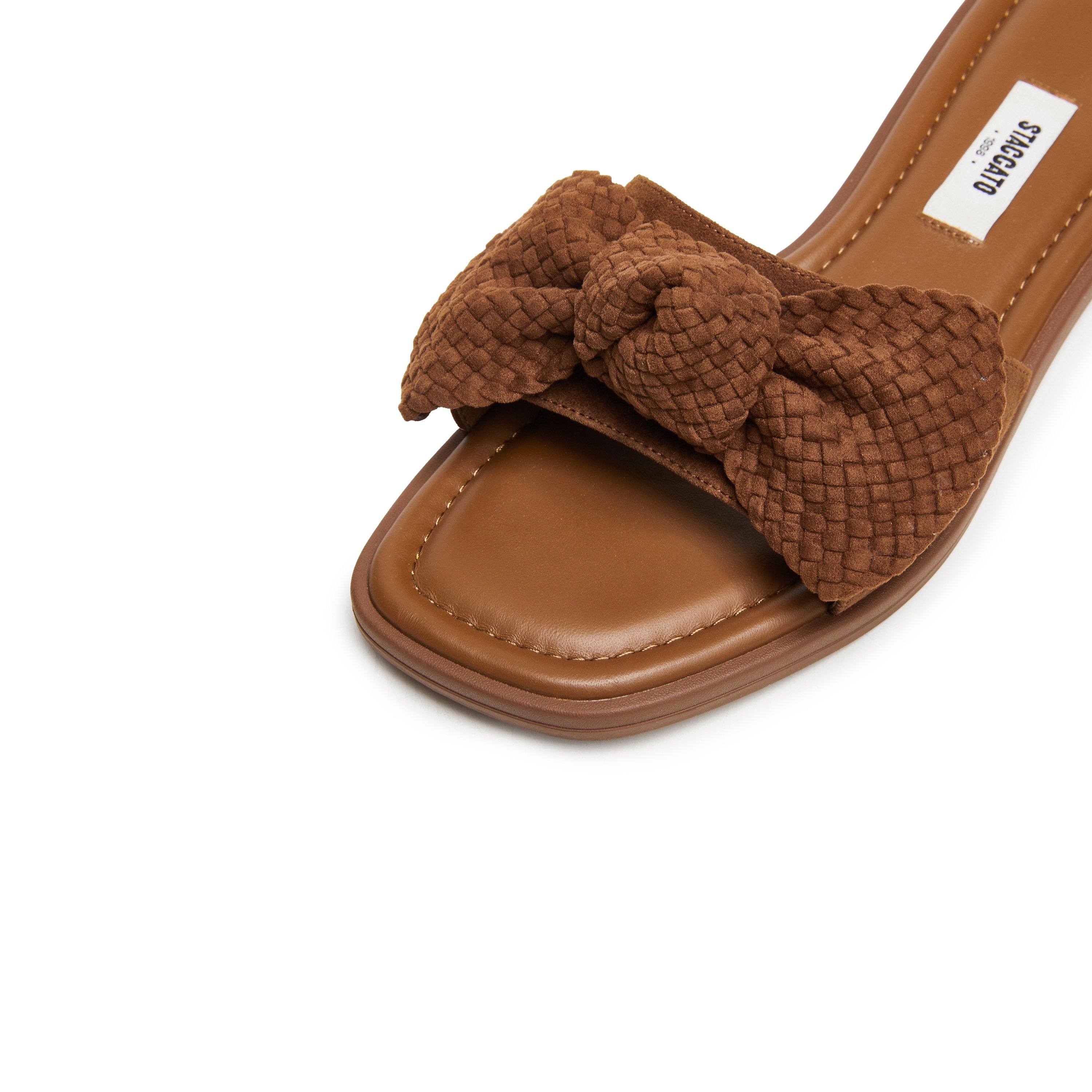 Brown Woven-Bow Suede Slides