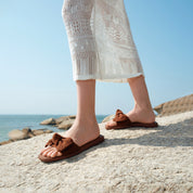 Brown Woven-Bow Suede Slides