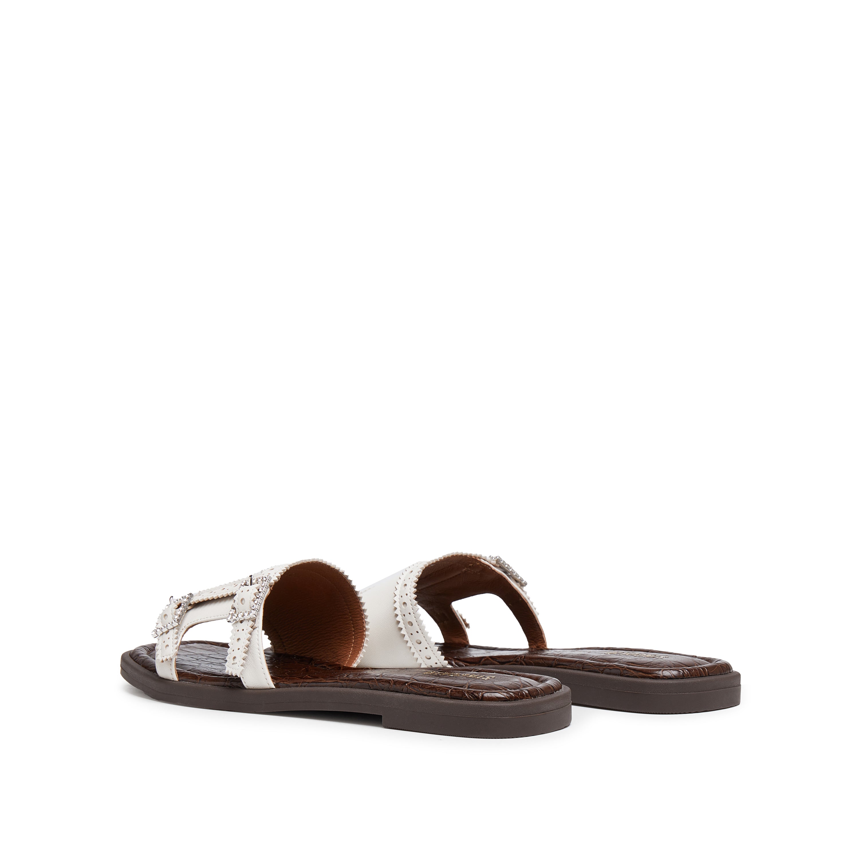 Beige Crystal Buckle Leather Slides